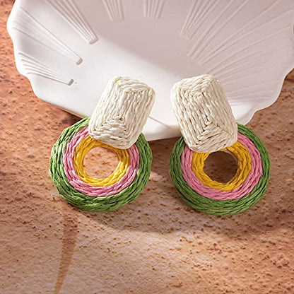 Statement Raffia Earrings Cute Boho Earrings Rattan Dangle Earrings Handmade Straw Wrap Earrings Summer Drop Dangling Earrings for Women Teen Girls - color: Green/Pink/Yellow