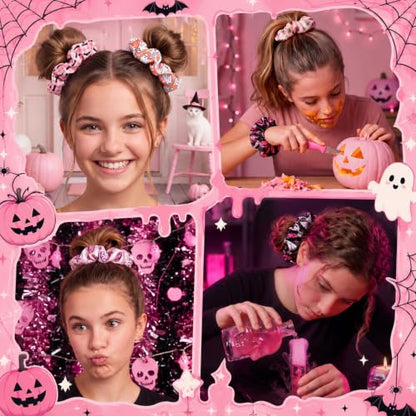 80 Pcs Pink Halloween Satin Hair Scrunchies for Women Spooky Cute Ghost Pumpkin Hair Ties Cute Elastic Bands Ropes Ponytail Holder Bulk Halloween Party Favors Goodie Bag Fillers - style: Halloween