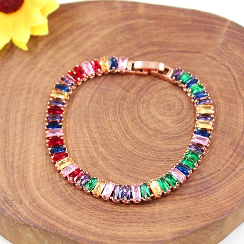 Uloveido 2.5 * 6mm Cubic Zirconia Rectangular Tennis Bracelets for Women | Classic Emerald Cut Faux Diamond Eternity Bracelet Size 6.5-7.5 Inch - color: Rose gold-multi, size: 6.5 inch