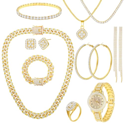 NEWITIN 13 Pieces Silver Jewelry Set for Women Stainless Steel Cuban Link Necklaces Bracelets Earrings Watch Ring Bling Cubic Zirconia Cuban Jewelry Set for Women Men - color: Gold Jewelry Set