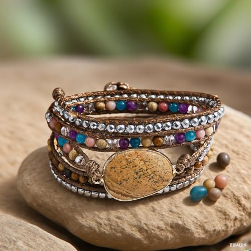 Women Wrap Bracelet Boho Natural Jasper Crystal Stone Beads Strand Bracelets - color: Style 09-Picture Stone