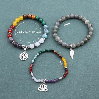 Tree of Life Yoga Healing Stone Bracelets,Multilayer Lotus Chakra Stone Reiki Bracelet Sets,Anxiety Crystal Natural Stone,for Women Stress Relief - style: Chakra+White labradorite