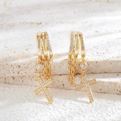 YOQUCOL Gold Plated Y2K Clip On Hoop Earrings for Women,Sweet Cool Edgy Trendy Layered Hoop with Tassel Chain Dangle, Non Pierced Jewelry Gifts - color: Cross