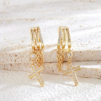 YOQUCOL Gold Plated Y2K Clip On Hoop Earrings for Women,Sweet Cool Edgy Trendy Layered Hoop with Tassel Chain Dangle, Non Pierced Jewelry Gifts - color: Cross