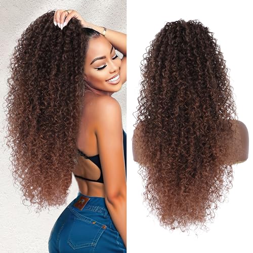 Alebery 27 Inch Drawstring Ponytail Extension for Black Women Deep Curly Ponytail Extension Synthetic Mixed with Human Hair Hairpieces Afro Kinky Curly Pony Tail for Daily Use (Brown) - color: Brown, size: 27 Inch