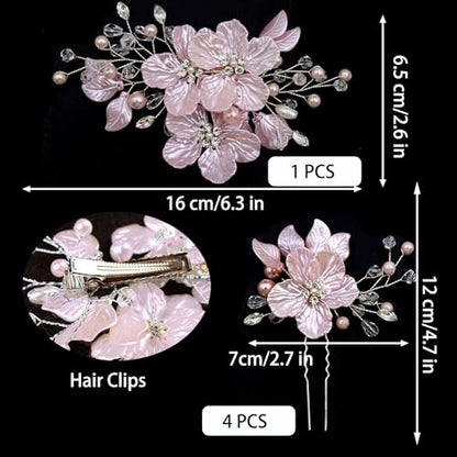 5 PCS Large Flower Bridal Wedding Hair Pins Crystal Pearl Hair Clips Headpiece Bride Hair Accessories Jewelry with Rhinestone, Glitter Emboss Pink Flower - color: Glitter Emboss Pink Flower