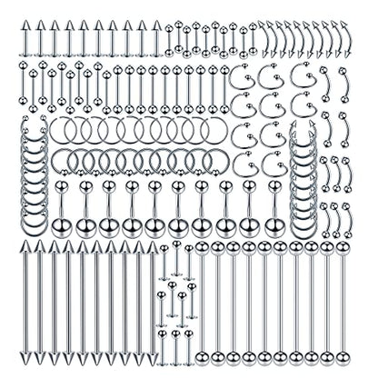 Oveta 150-151PCS Body Piercing Jewelry Lot 14G 16G 20G Stainless Steel Nose Lip Tongue Cartilage Tragus Eyebrow Industrial Barbell Belly Button Rings Piercing Kit Jewelry - style: 150pcs-Silver