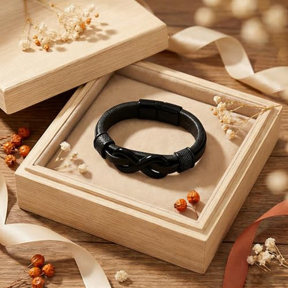 Men's Leather Infinity Bracelet Stainless Steel Number 8 Wristband Cuff Bangle Bracelets Gifts for Men, 8.3 & 9.1 inches - color: 04.Genuine leather & black infinity, size: 8.3inch(Fits most wrists.)