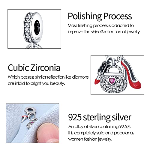 KUNSIR Charms Beads fits Pandora Charm bracelets for Woman 925 Sterling Silver Dangle Pendant Bead Jewelry Beads Gifts Happy Birthday Charms for Women Bracelet&Necklace - style: Charm High Heels, Handbag, Lipstick