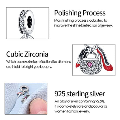 KUNSIR Charms Beads fits Pandora Charm bracelets for Woman 925 Sterling Silver Dangle Pendant Bead Jewelry Beads Gifts Happy Birthday Charms for Women Bracelet&Necklace - style: Charm High Heels, Handbag, Lipstick