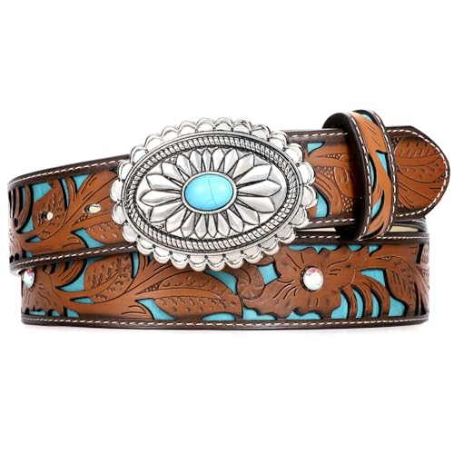 XZQTIVE Women Western Leather Belt Vintage Country Belts For Cowgirl Jeans Dresses Ladies Concho Belt With Turquoise Buckle - size: L Fit Pant 36-41in, style: Dark Brown With Silver Turquoise Buckle