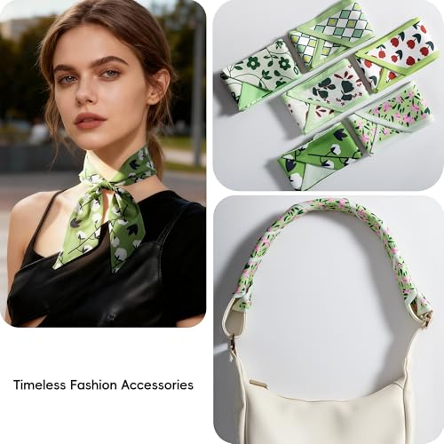 ZXZH 6 Pack Fashion Scarves for Women, Versatile Boho Head Scarf | Satin Scarf for Hair, Neck, Wrist, and Purse Accessories - color: Fresh Green Botanical