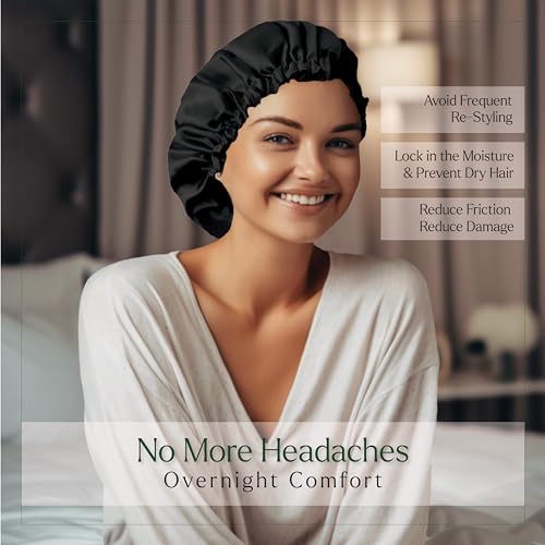 Silvr Bear Satin Sleep Bonnet for Women | Hair Sleep Bonnet| Great for Thick and Curly Hair | Reversible Black Satin Bonnet - color: Black Satin Bonnet