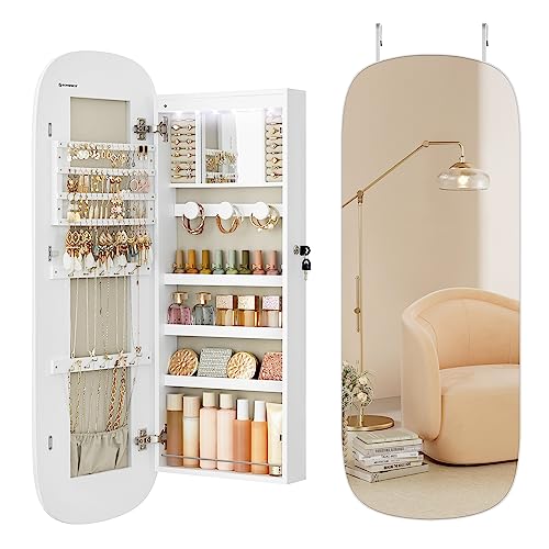 SONGMICS Jewelry Organizer, LED Jewelry Cabinet Wall/Door Mounted, Lockable Rounded Wide Mirror with Storage, Interior Mirror, 3.9 x 16.5 x 42.5 Inches, White Surface with Greige Lining - color: Cloud White, size: 42.5"H, style: Rounded Corner Mirror