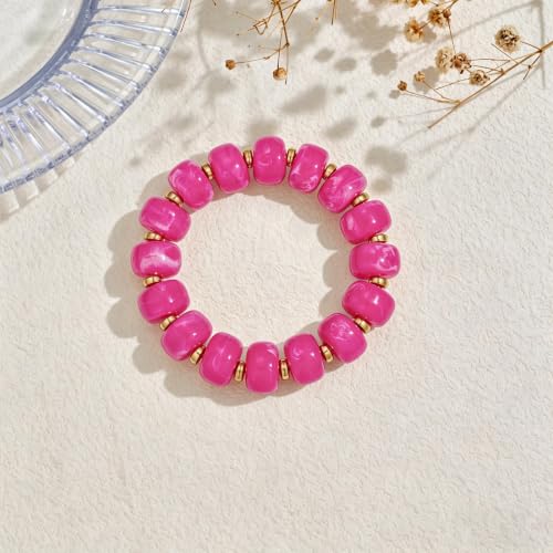 Bead Bracelet for Women Vibrant Color Resin Beads Bracelets Elastic Stretch Chunky Bracelet Boho Summer Beach Vacation Jewelry - color: Magenta