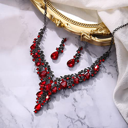 BriLove Women's Wedding Bridal Austrian Crystal Teardrop Flower Cluster Statement Necklace Dangle Earrings Jewelry Set for Party Prom - color: 2Pcs-Ruby Color Black-Tone