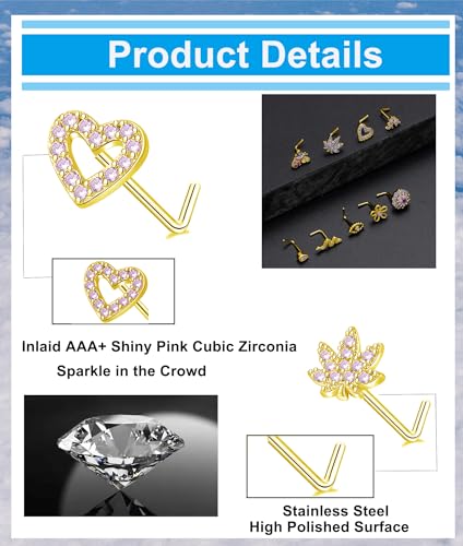 Tornito 16Pcs Nose Stud Rings L Screw Shaped Nose Ring Flower Snake Butterfly Heart Eye CZ Dangle Nose Rings Stud Body Piercing Jewelry for Women Men 20G Silver Pink Tone - color: E:Pink CZ(L Shaped)