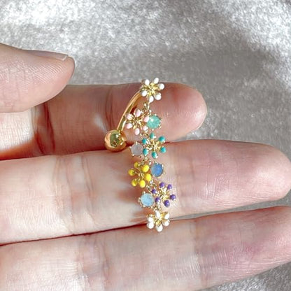 Colorful Daisy Flower Belly Button Ring 316L Surgical Stainless Steel CZ Cute Enamel Flowers Dangle Navel Belly Rings Dainty Body Piercing Jewelry Gifts for Women 14G - color: Gold