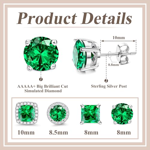 MILACOLATO S925 Sterling Silver Stud Earrings for Women Men Hypoallergenic 18K Gold Plated Cubic Zirconia Earrings Studs Brilliant Simulated Diamond Halo Earring for Sensitive Ears - style: 18K White Gold Plated - Emerald CZ