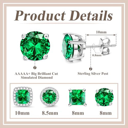 MILACOLATO S925 Sterling Silver Stud Earrings for Women Men Hypoallergenic 18K Gold Plated Cubic Zirconia Earrings Studs Brilliant Simulated Diamond Halo Earring for Sensitive Ears - style: 18K White Gold Plated - Emerald CZ