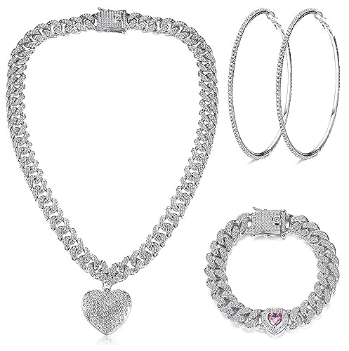 ORAZIO Cuban Link Chain Necklace Bracelet for Women Silver Jewelry Set Rhinestone Hoop Earrings Bling Crystal Hip Hop Jewelry for Wedding Costume Prom Party - color: Silver, size: 24in