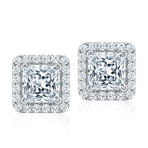 LeCalla 925 Sterling Silver CZ Stud Earrings for Women | Cubic Zirconia Halo & Heart Stud Earring | Rhodium-Plated Silver Jewelry for Her Mom Wife - color: Square Cubic Zirconia Studs
