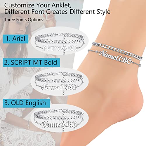 PROSTEEL Trendy Handcuffs Design/Customize Words Ankle Bracelet For Women, 316L Stainless Steel Anklets Silver/Gold/Black Tone, Hypoallergenic, Come with Box - style: 07 Customize-Cuban Link(8.5"-10.5")-Elegant Silver