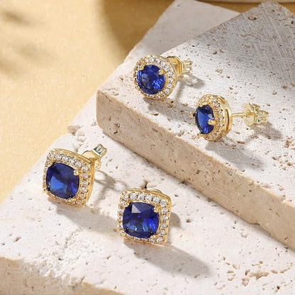 18K Gold Plated Halo Stud Earrings 925 Sterling Silver Cubic Zirconia Stud Earrings Round Square Diamonique Stud Earrings Set for Women Men - color: Gold&Blue