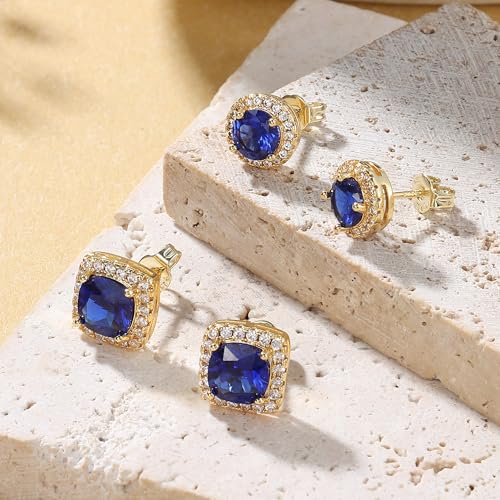 18K Gold Plated Halo Stud Earrings 925 Sterling Silver Cubic Zirconia Stud Earrings Round Square Diamonique Stud Earrings Set for Women Men - color: Gold&Blue
