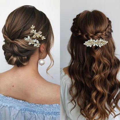 4 Pieces Rhinestone Hair Clips Gold Leaf Wedding Hair Pins Crystal Bobby Pins Gold Bridal Hairpin Barrette for Brides Bridesmaids Flower Girls - color: Gold
