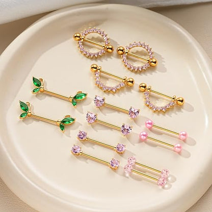 G&O JFU 7 Pairs 14G Nipple Rings Set – Stainless Steel Straight Barbell with CZ Stones, Gold Plated & Silver Tone, Butterfly Back Pink Nipple Piercing Jewelry for Women - color: Gold Plated Pink Nipple Piercing Jewelry