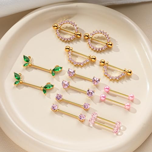 G&O JFU 7 Pairs 14G Nipple Rings Set – Stainless Steel Straight Barbell with CZ Stones, Gold Plated & Silver Tone, Butterfly Back Pink Nipple Piercing Jewelry for Women - color: Gold Plated Pink Nipple Piercing Jewelry