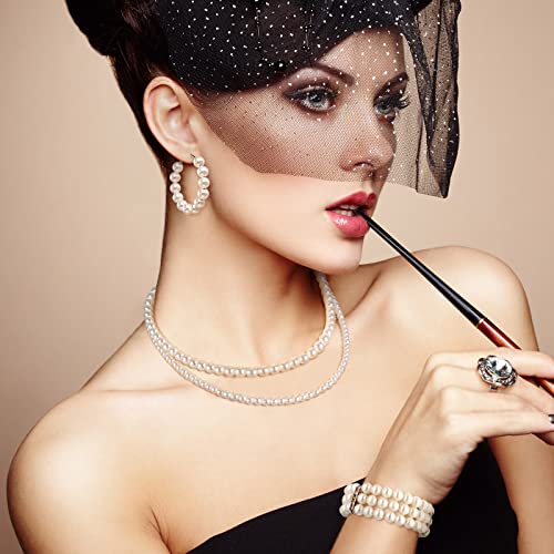 Glenmal Pearl Rhinestone Jewelry Set for Women Pearl Necklace Bracelet Earrings for Wedding Halloween Bridal Shower Tea Party - style: Simple Style