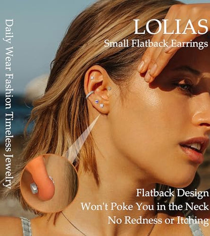 LOLIAS Hypoallergenic Flat Back Earrings for Women-Surgical Steel Earrings for Sensitive Ears 20G Stainless Steel Earring Stacks Small Flatback Stud Hoop Cartilage Earring - color: Silver