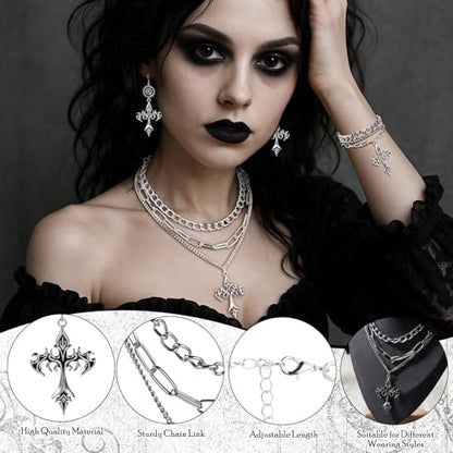 Tondiamo 3 Pcs Gothic Jewelry Set Cross Necklace for Women Goth Earrings Bracelet Layered Y2k Choker Costume Accessory - color: Silver, style: Gothic Cross