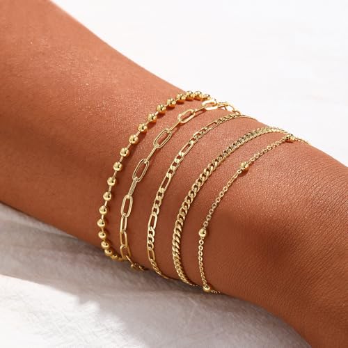Cuzmly Bracelets for Women, Waterproof 14K Gold/Silver Plated Stackable Bracelets for Women Non Tarnish Trendy Dainty Paperclip Figaro Box Herringbone Hand Chain Bracelet Pack Stack Adjustable Jewelry for Women - style: 5 Satellite