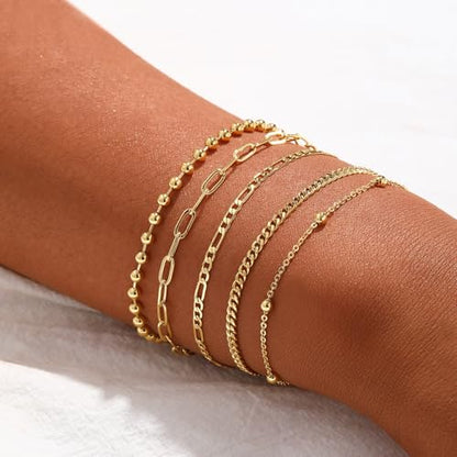 Cuzmly Bracelets for Women, Waterproof 14K Gold/Silver Plated Stackable Bracelets for Women Non Tarnish Trendy Dainty Paperclip Figaro Box Herringbone Hand Chain Bracelet Pack Stack Adjustable Jewelry for Women - style: 5 Satellite