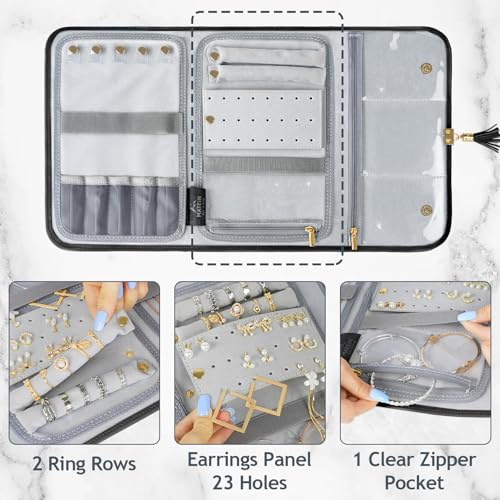MATEIN Black Travel Jewelry Organizer, Vegan Leather Big Jewelry Rolls | Tangle-Free Necklace Holder, Clear Pockets, for Travel Daily Jewels Earrings Rings Bracelets, Elegant Gifts for Women - color: Black