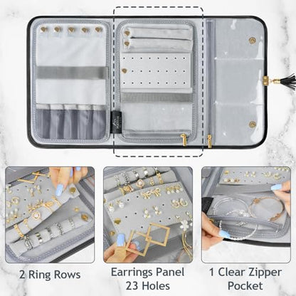 MATEIN Black Travel Jewelry Organizer, Vegan Leather Big Jewelry Rolls | Tangle-Free Necklace Holder, Clear Pockets, for Travel Daily Jewels Earrings Rings Bracelets, Elegant Gifts for Women - color: Black