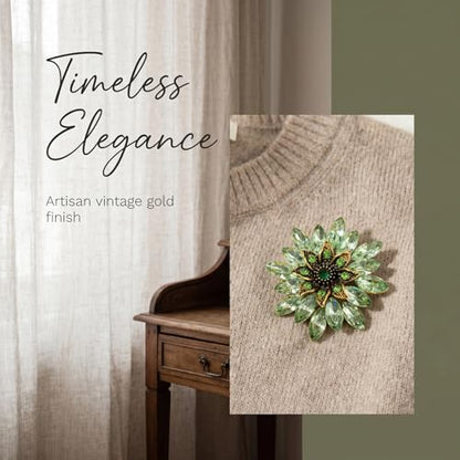 QCWN Large Flower Brooches and Pins for Women Vintage Rhinestone Sunflower Brooch Costume Jewelry Lapel Hat Pins for Wedding Dresses Bouquet Gifts - style: 1Pcs Olive Green