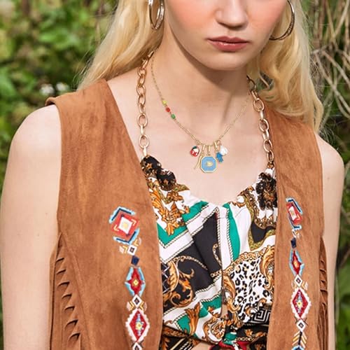 Charm Necklace for Women Gold Evil Eye Sun Moon Flower Coin Pendant Necklace Dainty Paperclip Chain Vintage Luck Amulet Choker Necklaces Celestial Jewelry Gift - style: 5 Charms-Blue Enamel