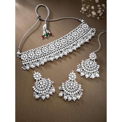 Aheli Faux Pearl Choker Necklace with Earrings Indian Traditional Bollywood Jewelry Set Gift for Women - color: Rhodium White