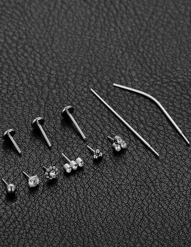 Threadless Push in Nose Studs Rings Stainless Steel Flat Back Earrings Labret Monroe Lip Rings for Women Men Cartilage Helix Conch Tragus Piercing Jewelry 6mm 8mm 10mm Silver Gold Tone - color: Silver, size: 20G(0.8mm)