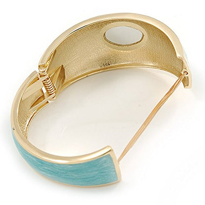 Aqua Blue Enamel Crystal Hinged Bangle Bracelet In Gold Plating - 18cm L