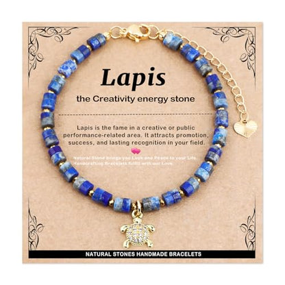 Natural Gemstone Healing Crystal Dainty Charms Bracelet Adjustable Chain Extender Minimalist Jewelry - color: Lapis + Turtle
