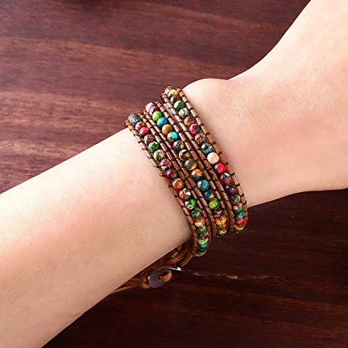 Plumiss Women Boho Handmade Natural Stone Crystal Leather Bead Wrap Bracelets Collection - style: Colorful Jasper 3w
