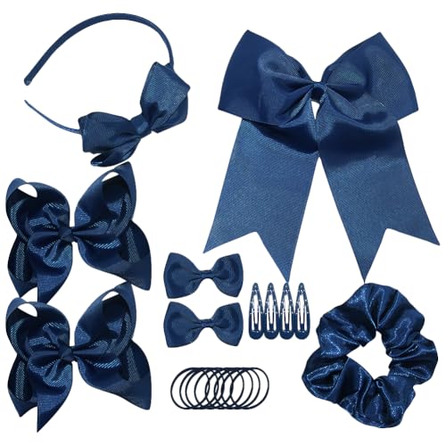 21 Pcs Girls School Hair Accessories Set Cute Bow Headband Bowknot Hair Ties Elastic Bow Knot Hair Bands Simple Metal Hair Clips Ribbon Hair Barrettes for Birthday Wedding Navy Blue - color: Navy Blue