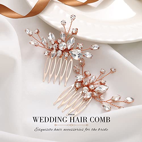 Bride Rose Gold Wedding Hair Comb Rhinestone Bridal Headpiece Sparkly Crystal Hair Accessorie for Women (Rose Gold) - color: Rose Gold