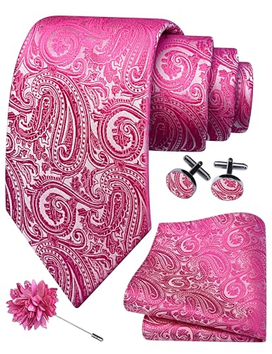 GUSLESON 3.15"（8cm） Mens Tie and Lapel Pin Paisley Necktie Hankerchief Cufflinks Set for Men - color: Hot Pink