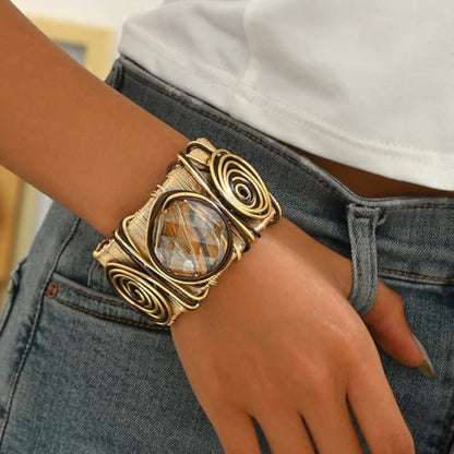 Chunky Cuff Bracelets for Women Wide Gold/Silver Cuffs Bangle Hollow Out Adjustable Bracelets Punk Vintage Jewelry - style: GRound A